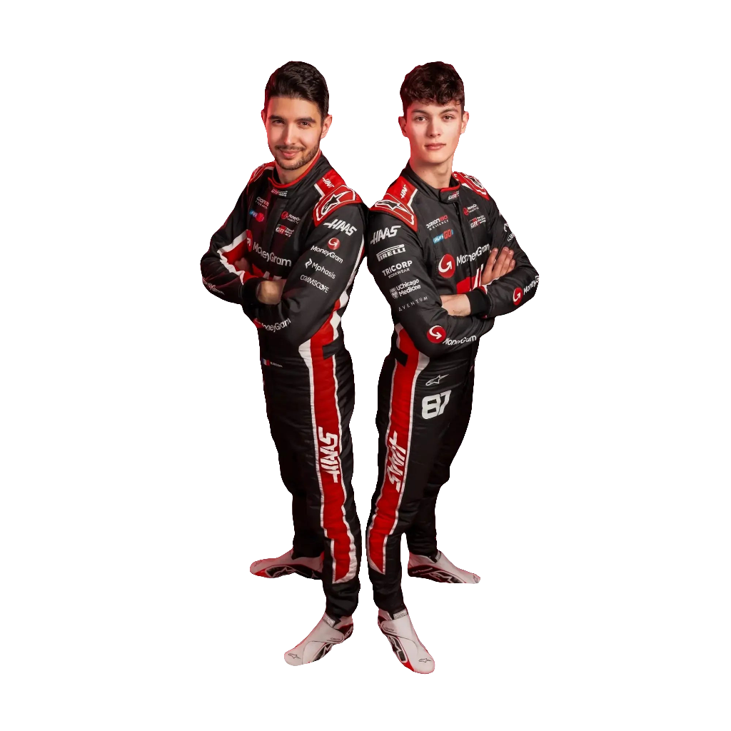 New 2025 Esteban Ocon & Oliver Bearman MoneyGram Haas F1 Team Replica Racing Suit Endless Racegear
