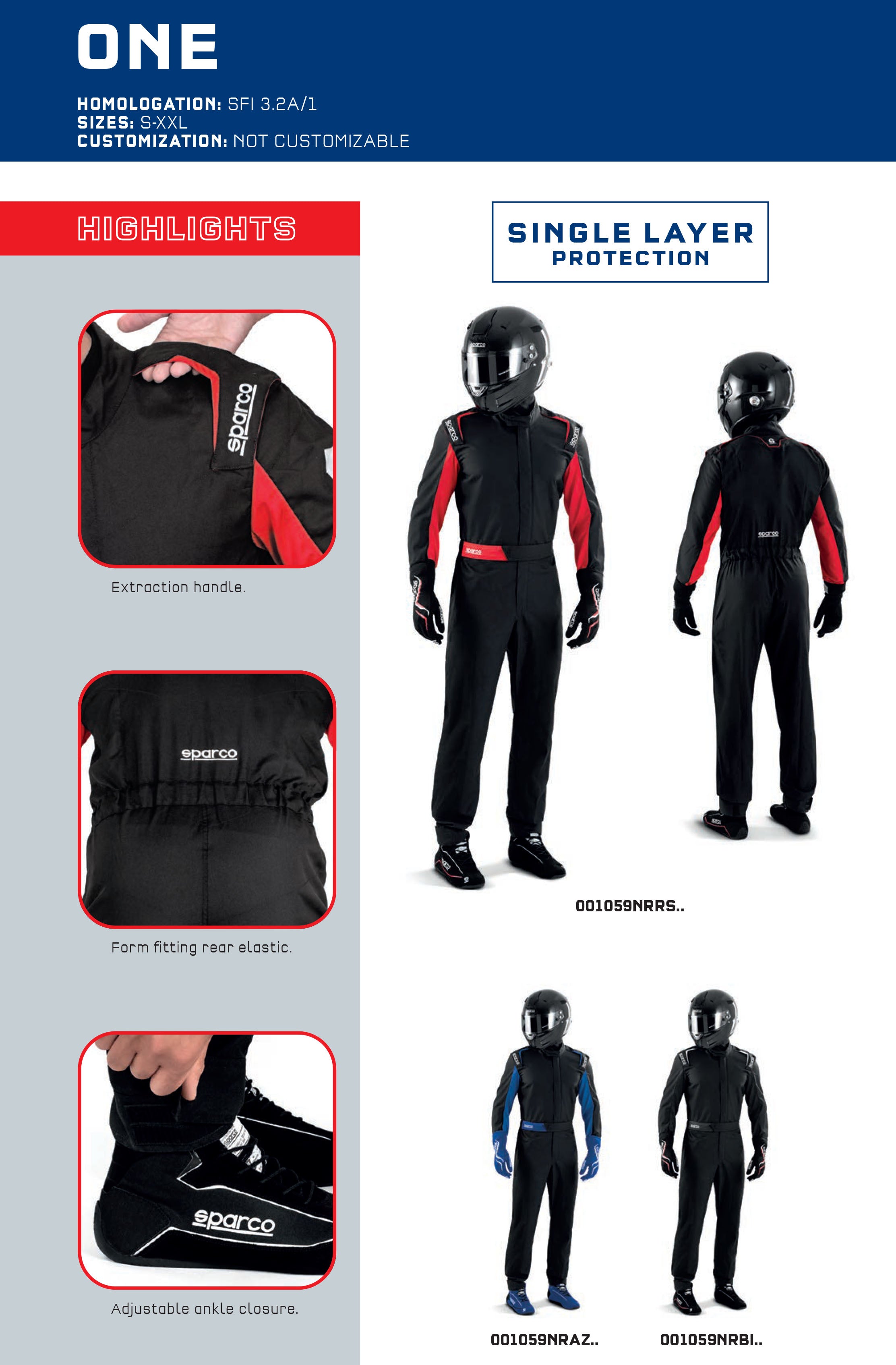 001059 Sparco One Race Suit Basic Overalls Karting Mechanic Pitcrew Sizes S-XXL Sparco