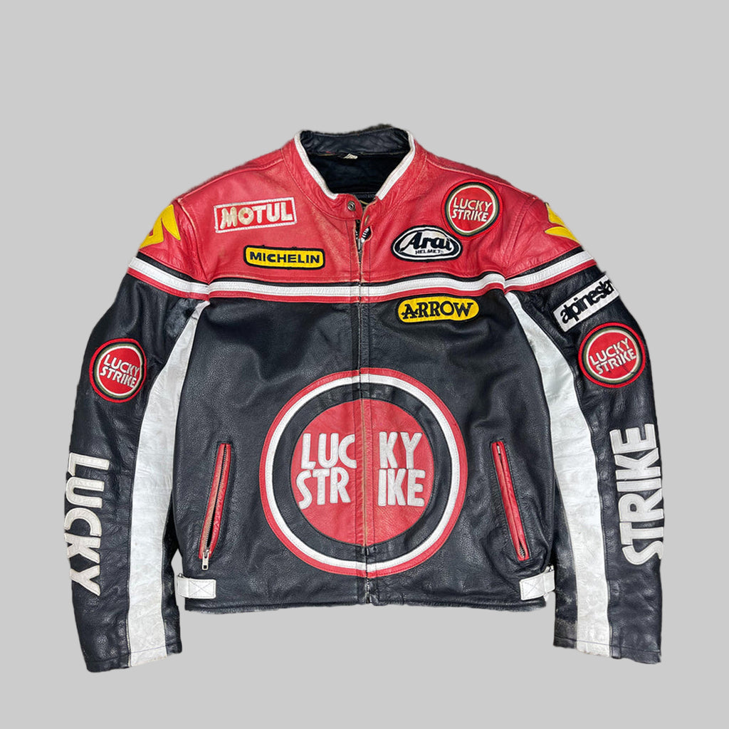 Lucky Strike Leather Jacket in Red and Black Endless Racegear