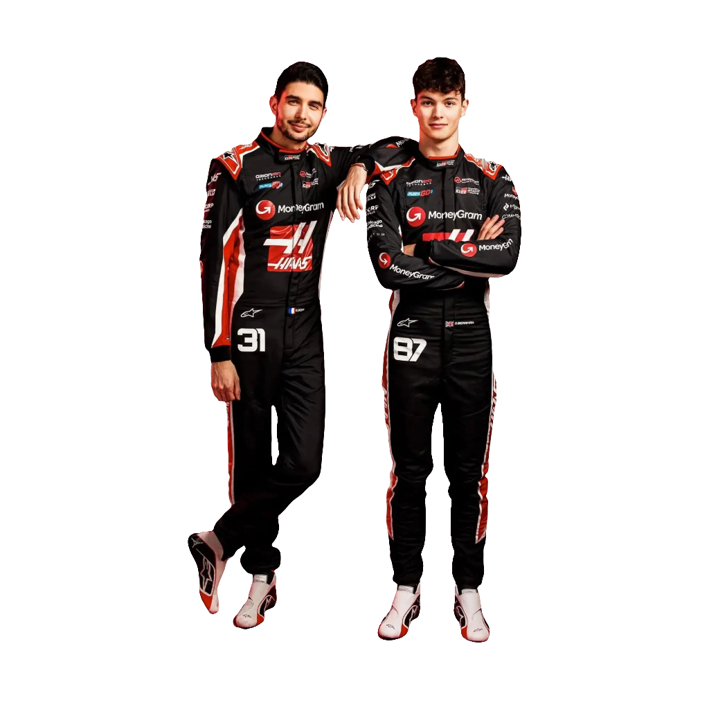 New 2025 Esteban Ocon & Oliver Bearman MoneyGram Haas F1 Team Replica Racing Suit Endless Racegear