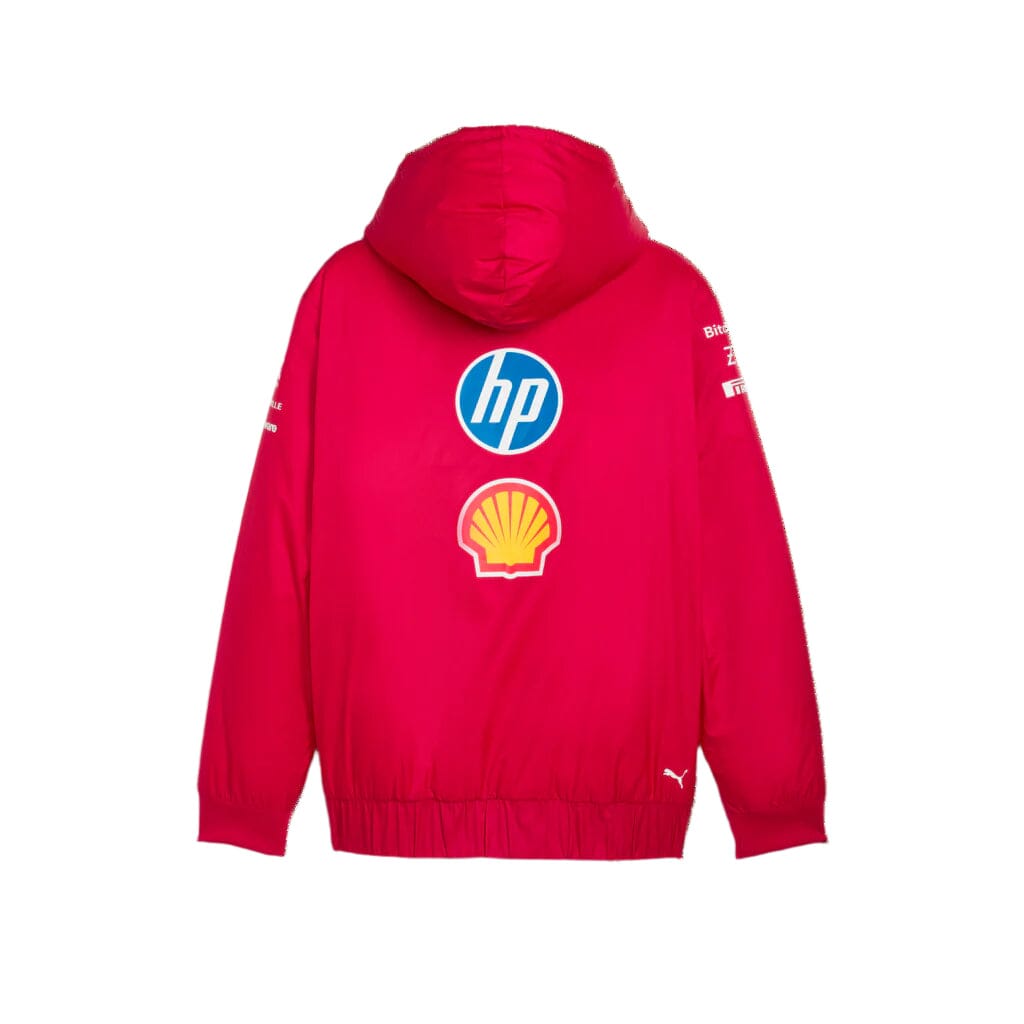 Red reversible team jacket with hood, HP and Shell logos on back
