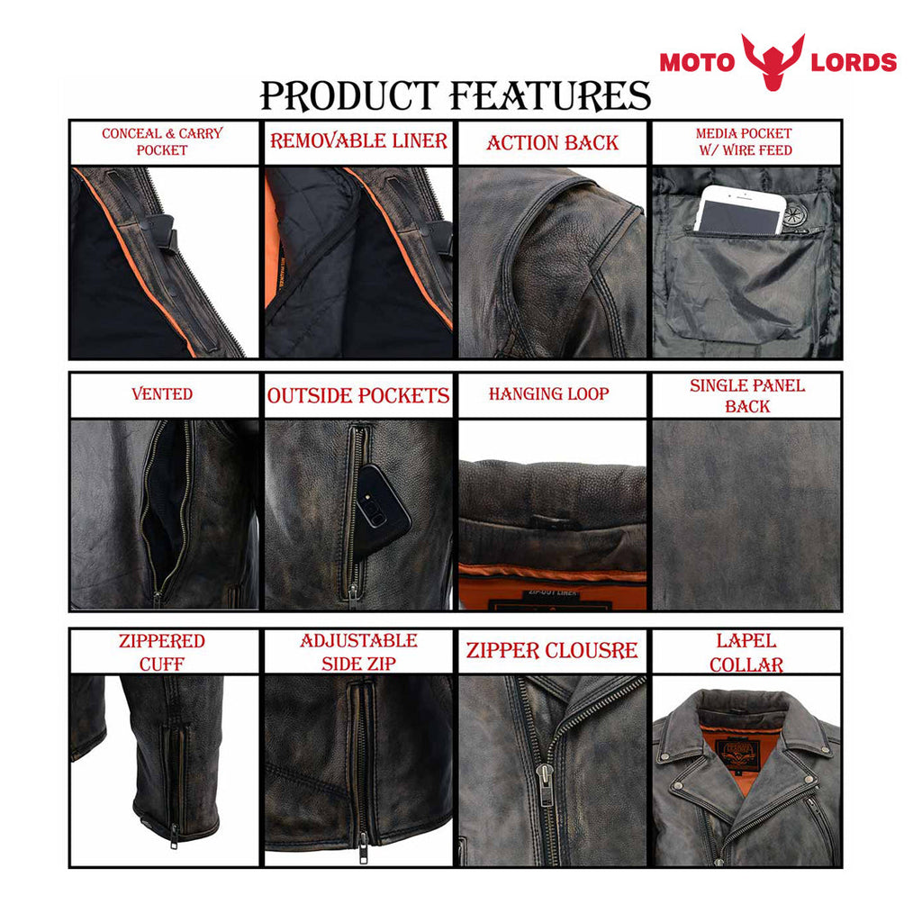 Rider's Choice ML71578 Men's Distressed Brown Triple Stitched' Beltless Motorcycle Leather Jacket Endless Racegear