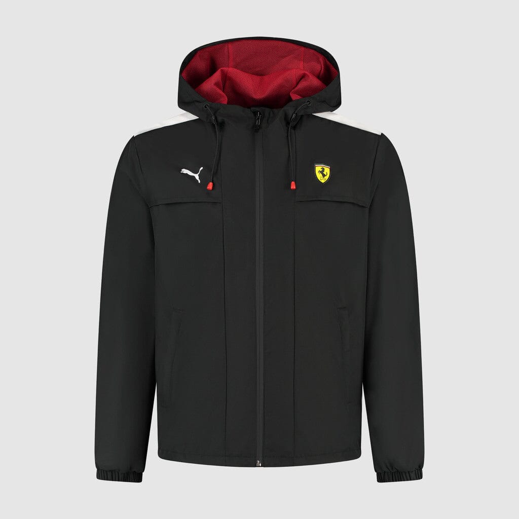 Men's rain jacket, black with hood, central zip, chest Puma and Ferrari logos