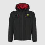 Men's rain jacket, black with hood, central zip, chest Puma and Ferrari logos
