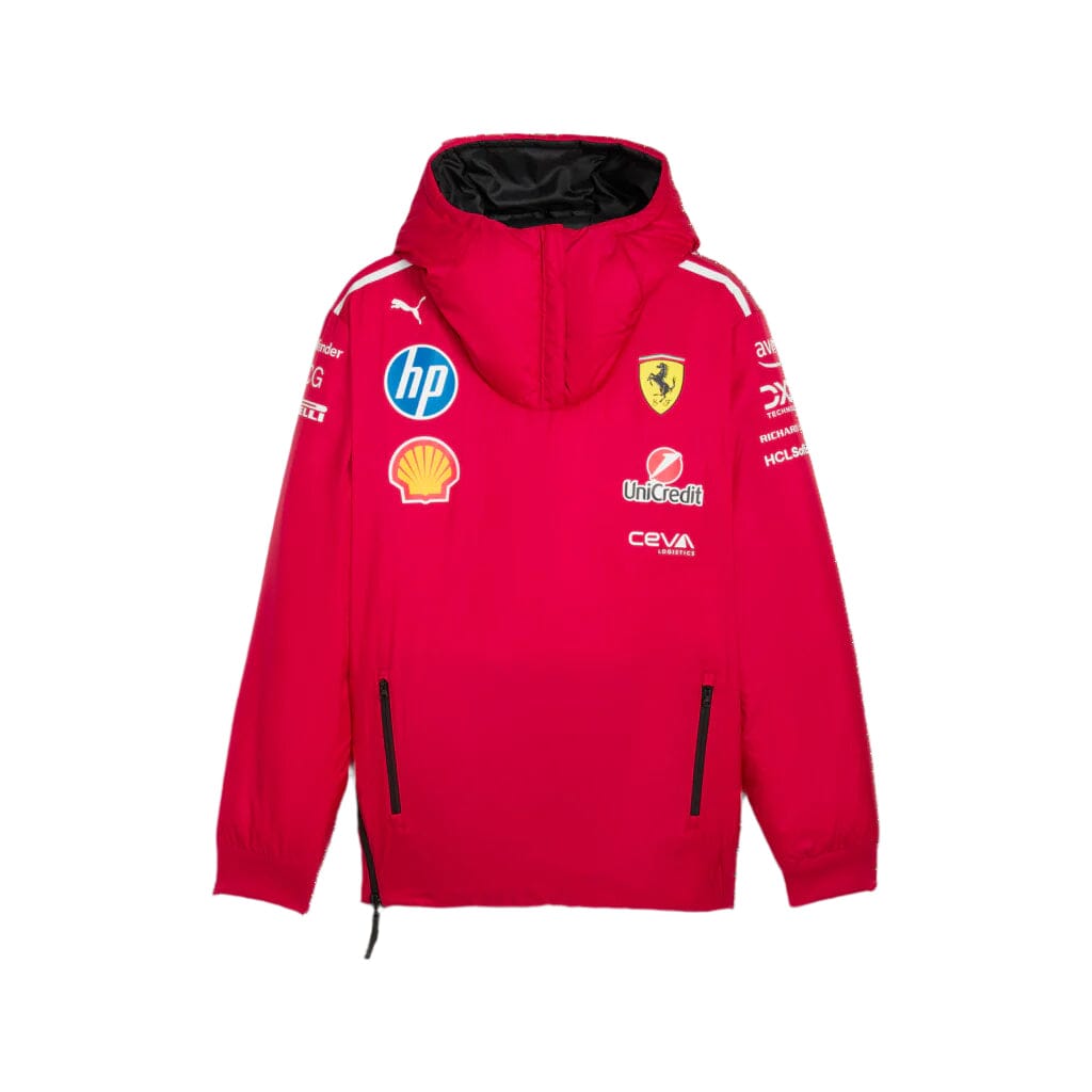 Red reversible team jacket with hood, zip front, Ferrari shield and HP logo