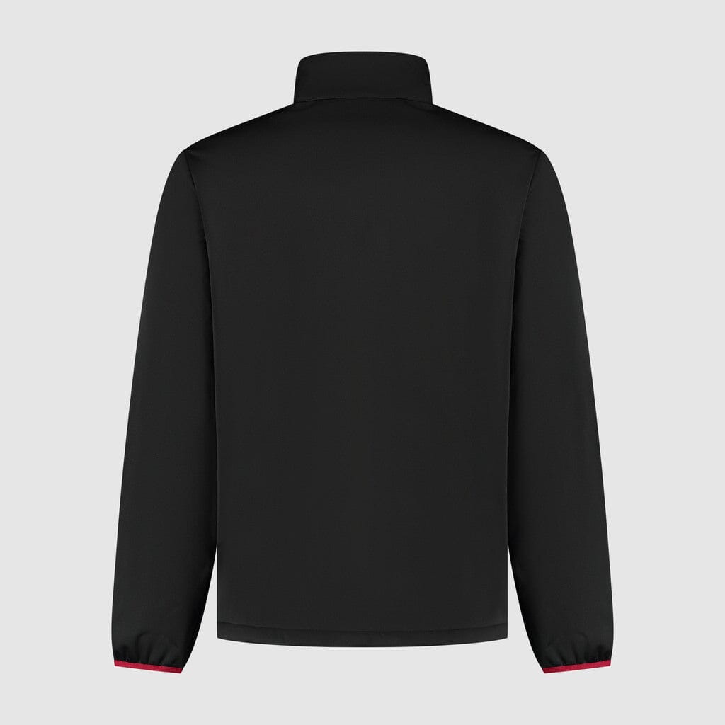 Men's softshell jacket, black, full-zip, stand collar, back view.