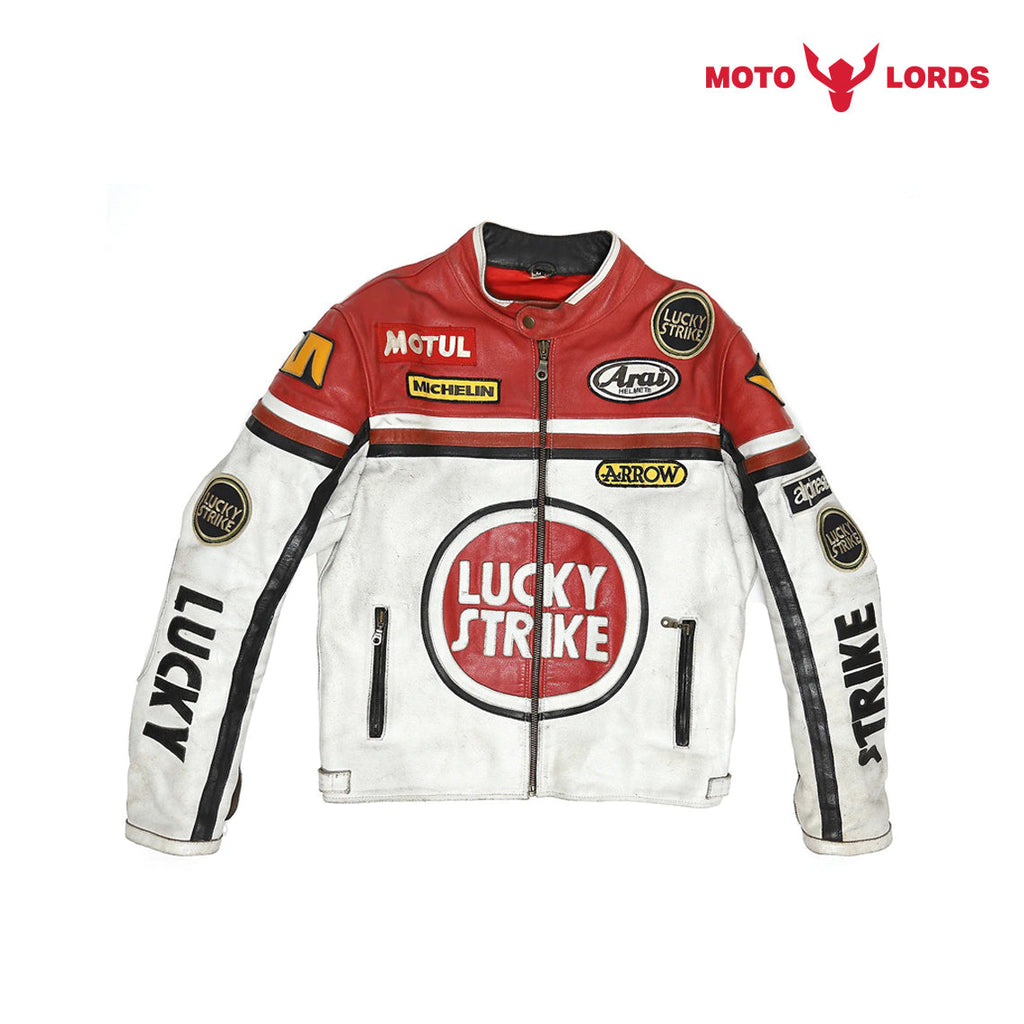 Lucky Strike Leather Jacket in Red and White Endless Racegear