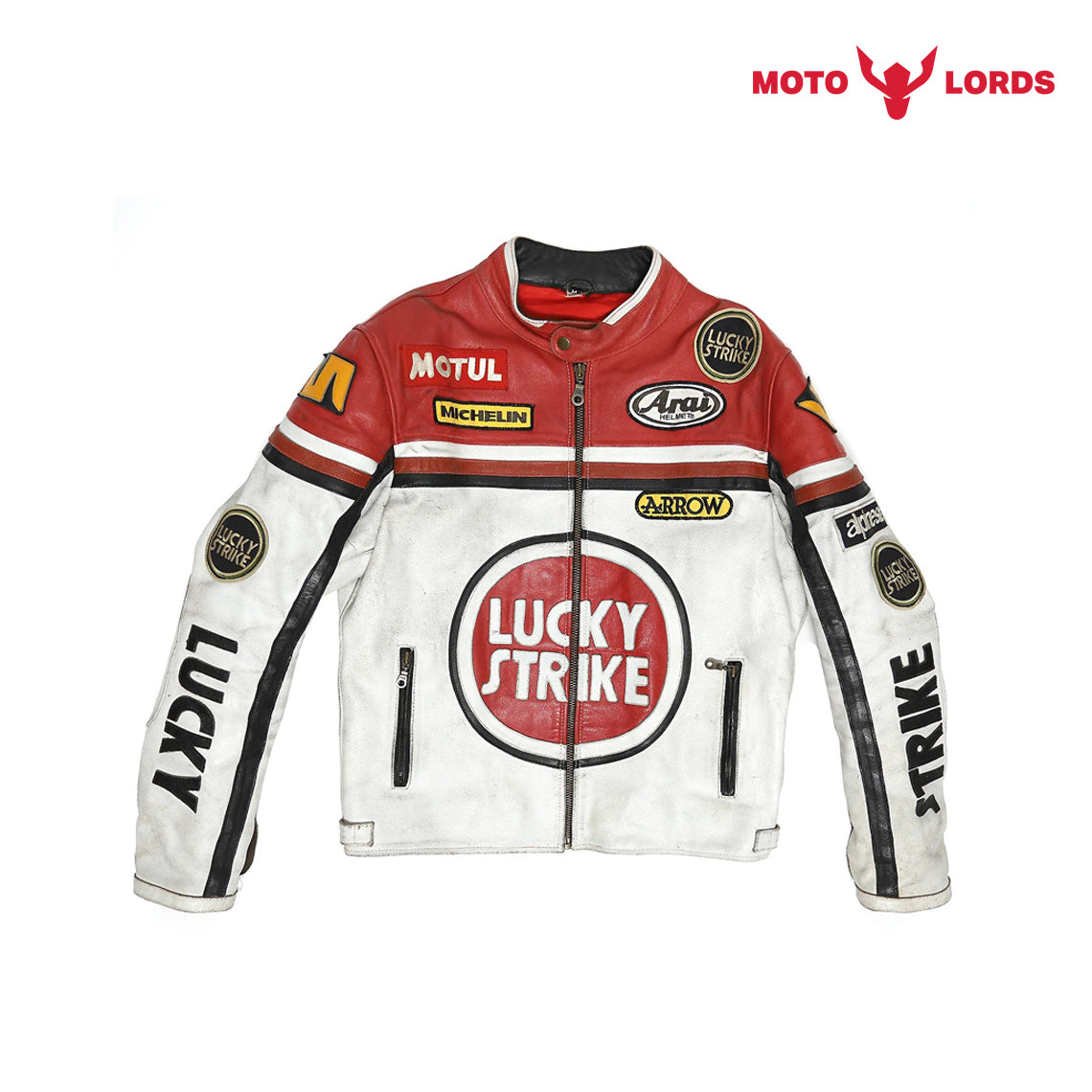 Lucky Strike Leather Jacket in Red and White Endless Racegear