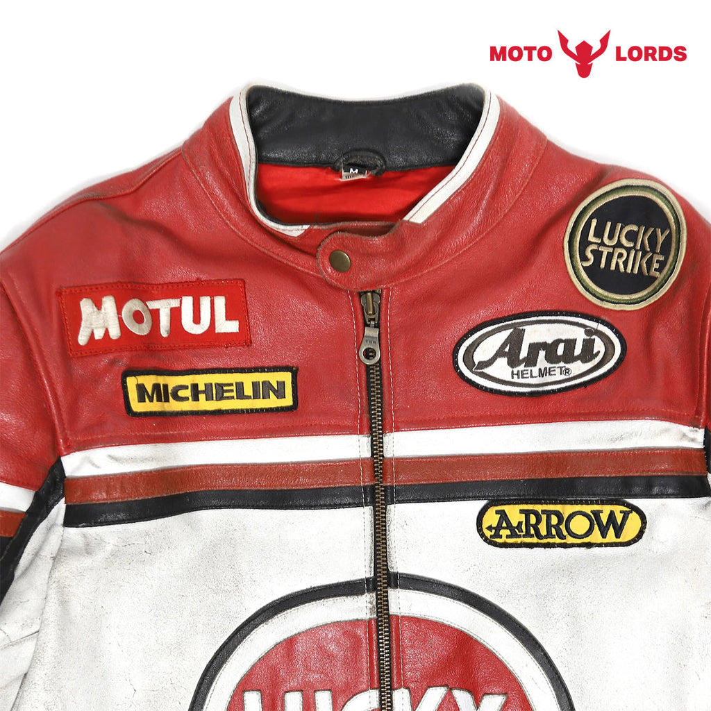 Lucky Strike Leather Jacket in Red and White Endless Racegear