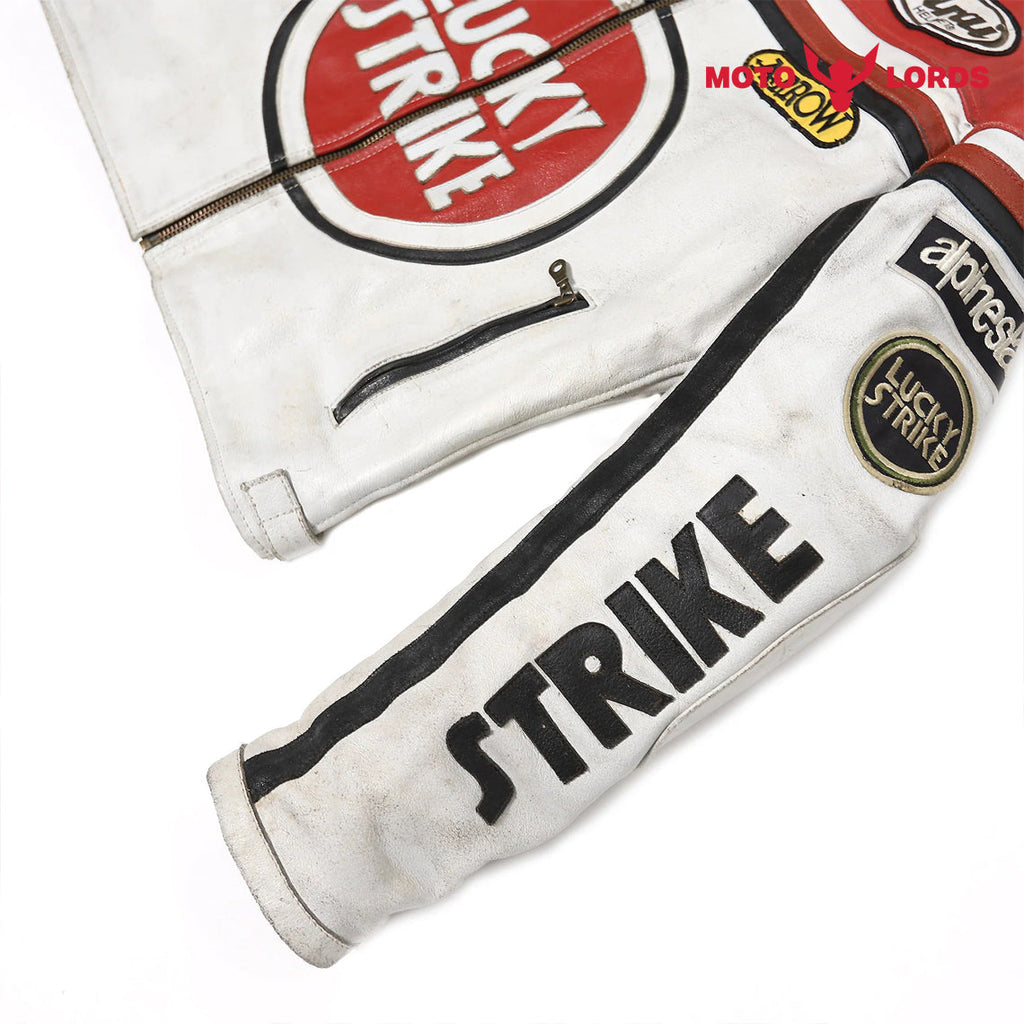 Lucky Strike Leather Jacket in Red and White Endless Racegear
