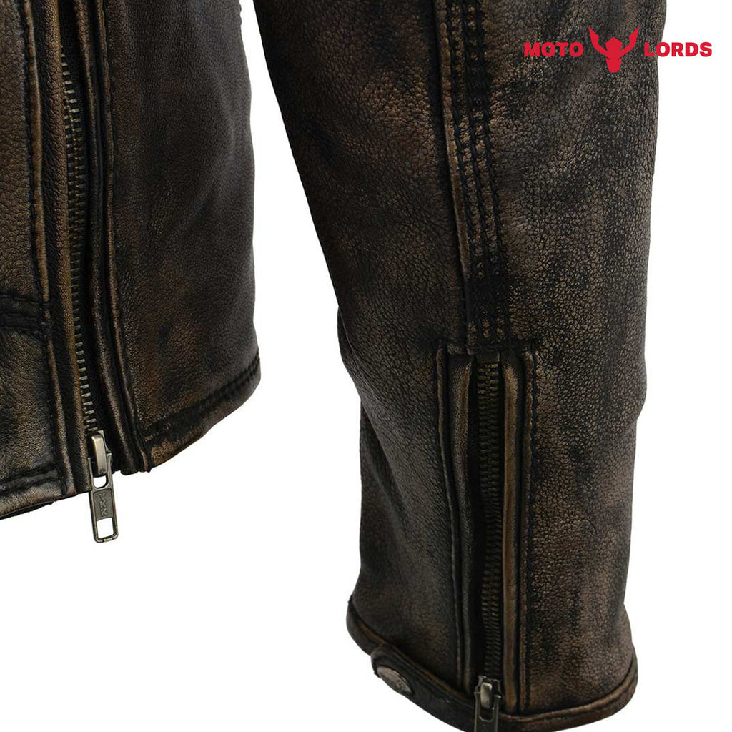 Rider's Choice ML71578 Men's Distressed Brown Triple Stitched' Beltless Motorcycle Leather Jacket Endless Racegear