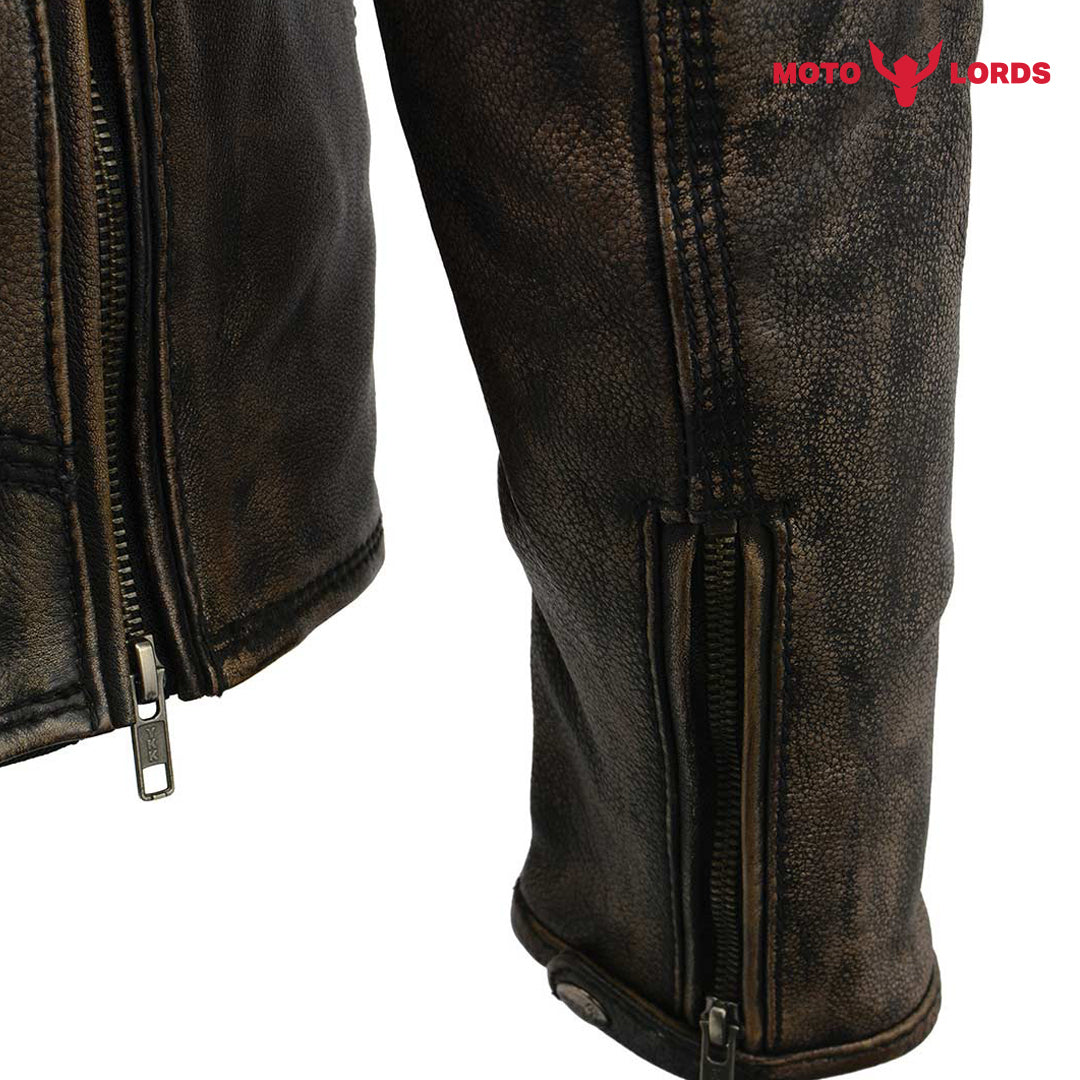 Rider's Choice ML71578 Men's Distressed Brown Triple Stitched' Beltless Motorcycle Leather Jacket Endless Racegear