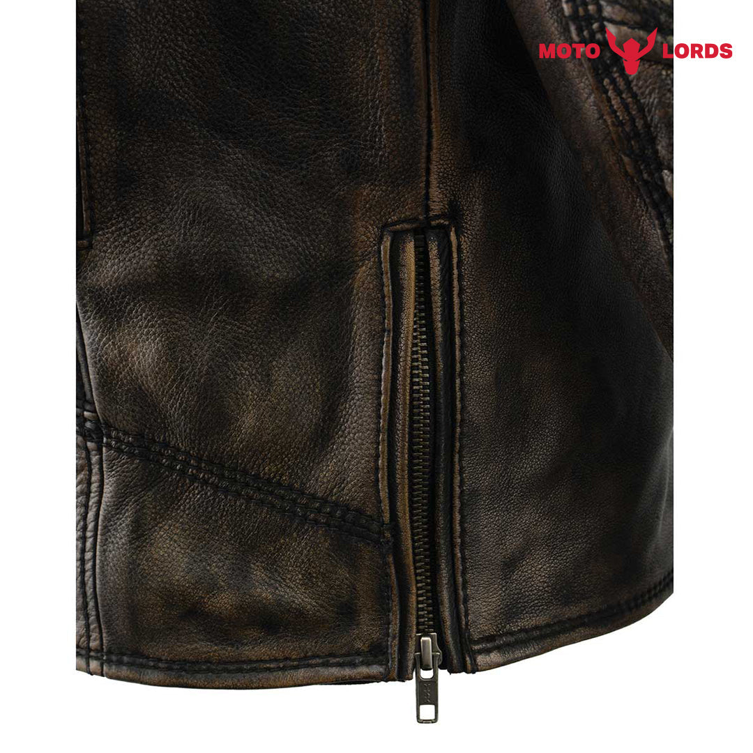 Rider's Choice ML71578 Men's Distressed Brown Triple Stitched' Beltless Motorcycle Leather Jacket Endless Racegear