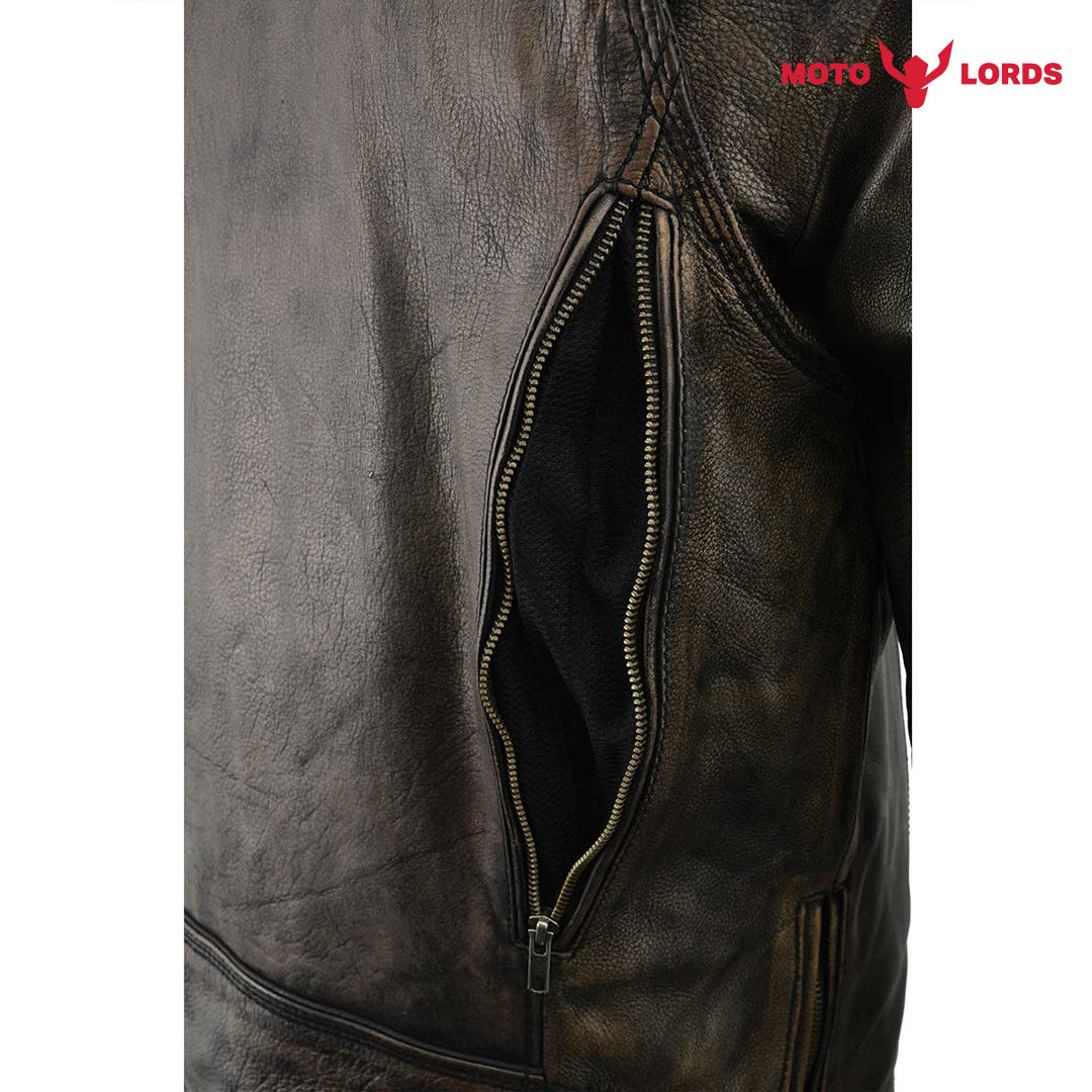 Rider's Choice ML71578 Men's Distressed Brown Triple Stitched' Beltless Motorcycle Leather Jacket Endless Racegear