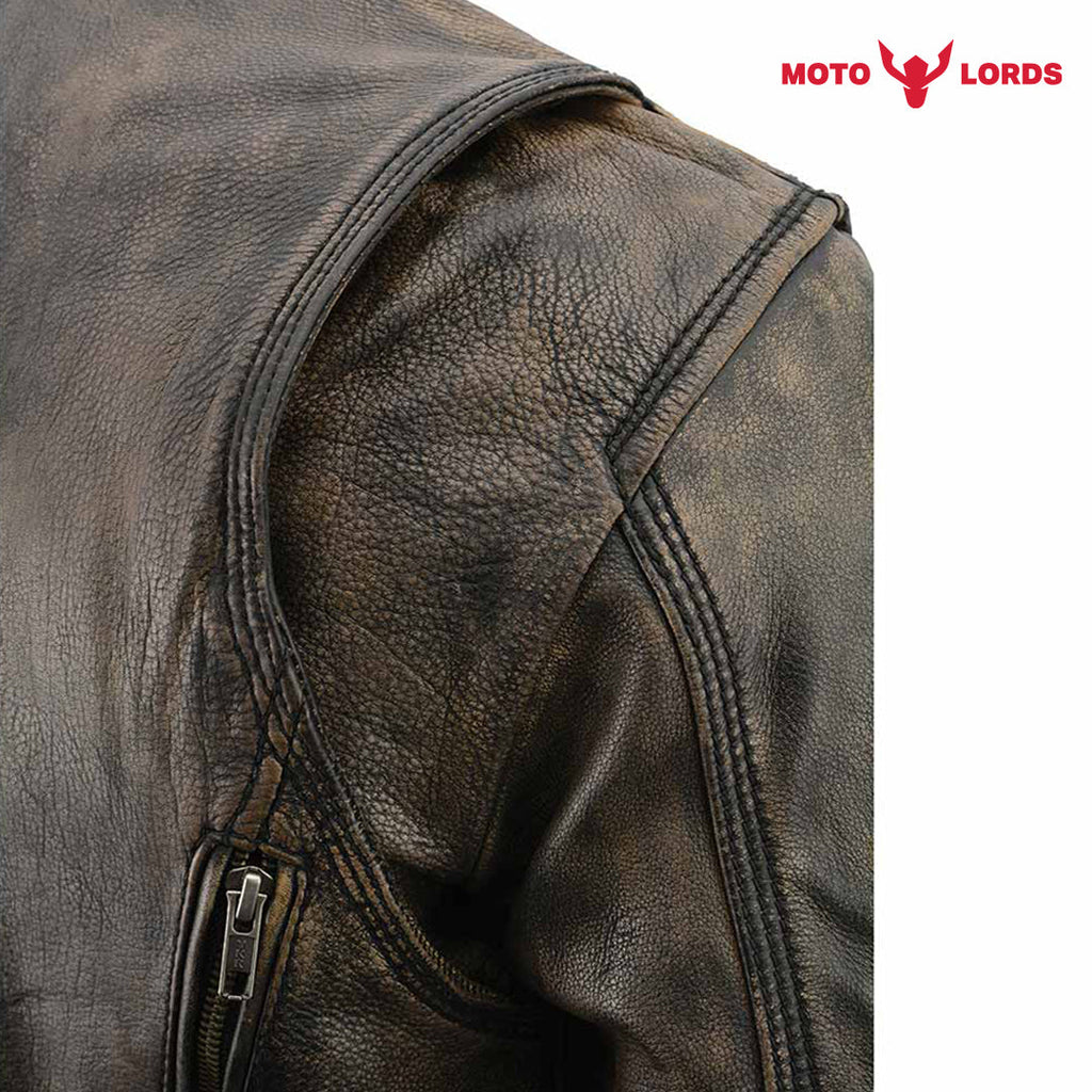 Rider's Choice ML71578 Men's Distressed Brown Triple Stitched' Beltless Motorcycle Leather Jacket Endless Racegear