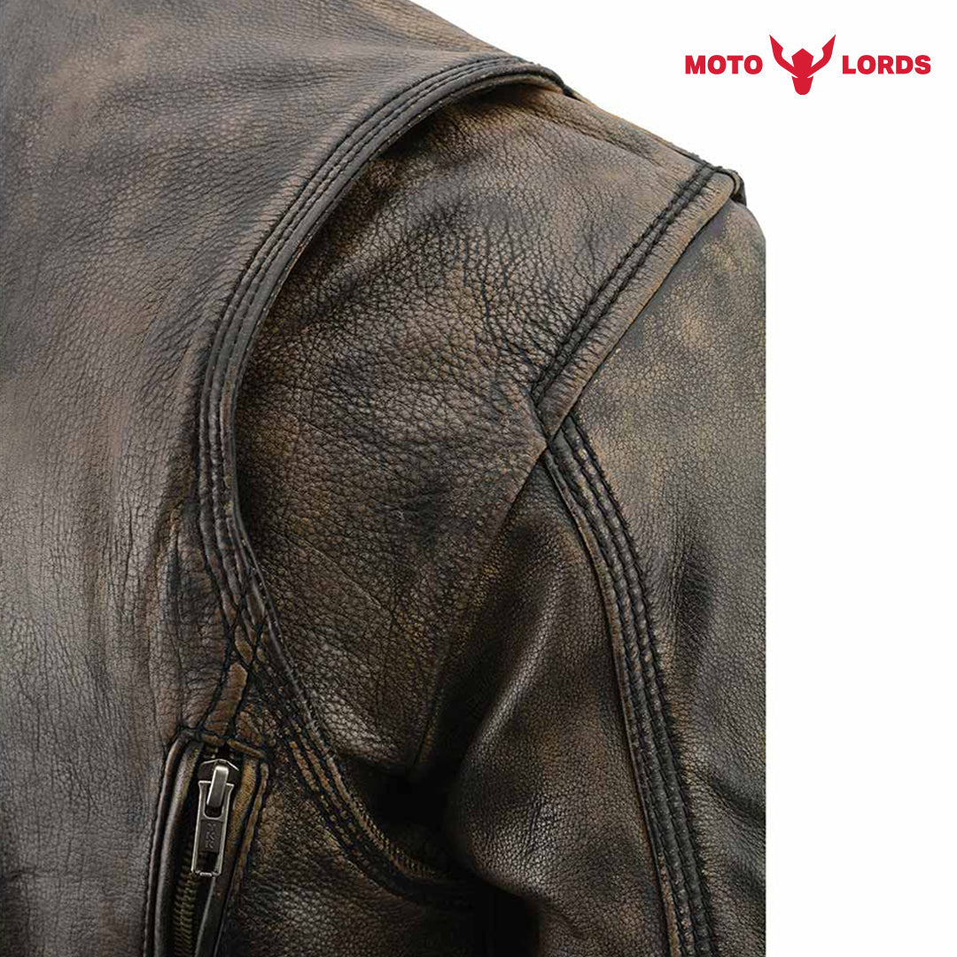 Rider's Choice ML71578 Men's Distressed Brown Triple Stitched' Beltless Motorcycle Leather Jacket Endless Racegear