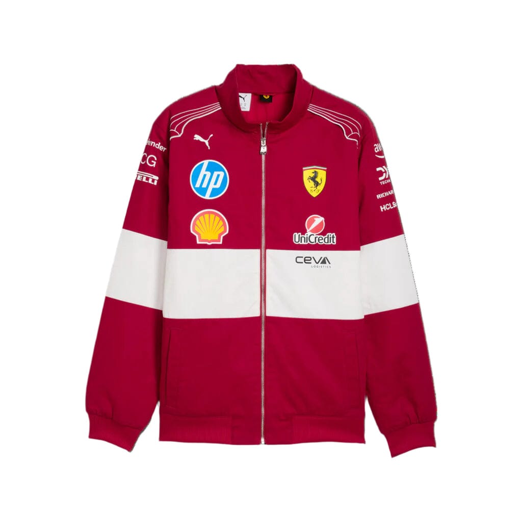 Red and white vintage racing jacket with front zipper and team logos on chest and sleeves