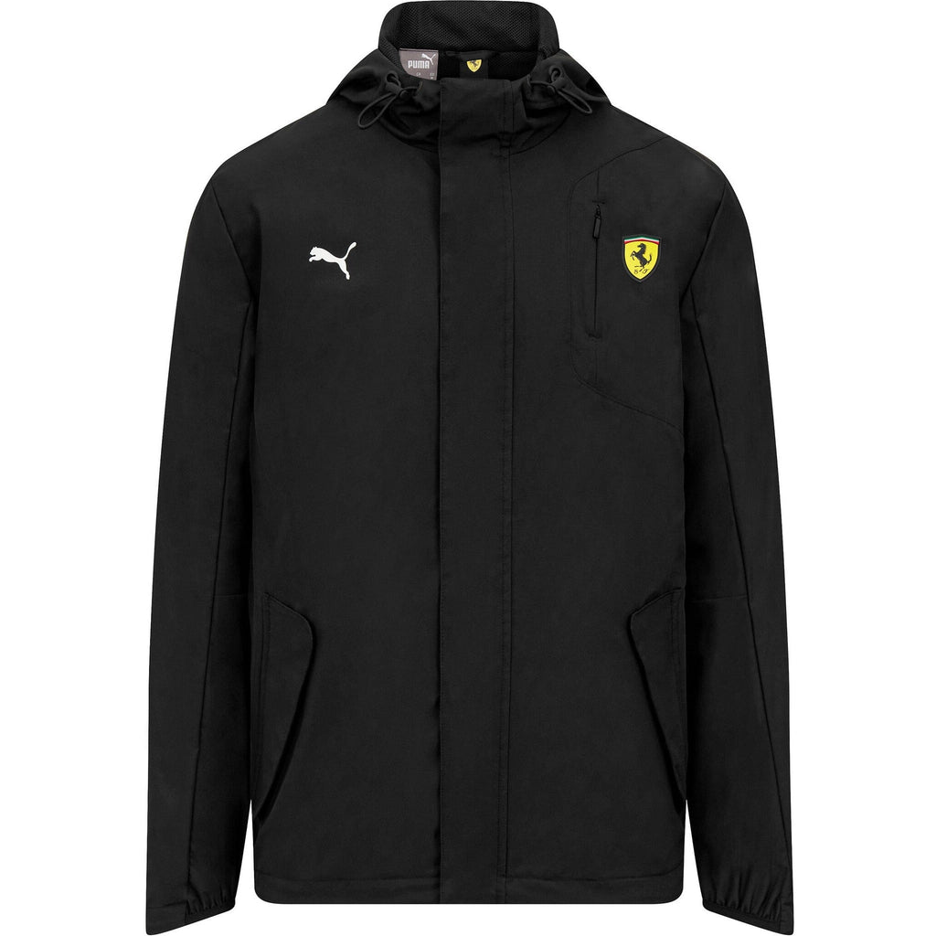 Men's rain jacket in black with hood and front zipper; Ferrari shield, PUMA logo.