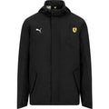 Men's rain jacket in black with hood and front zipper; Ferrari shield, PUMA logo.
