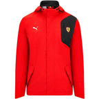 Men's rain jacket in red with hood and front zipper; Ferrari shield, PUMA logo.