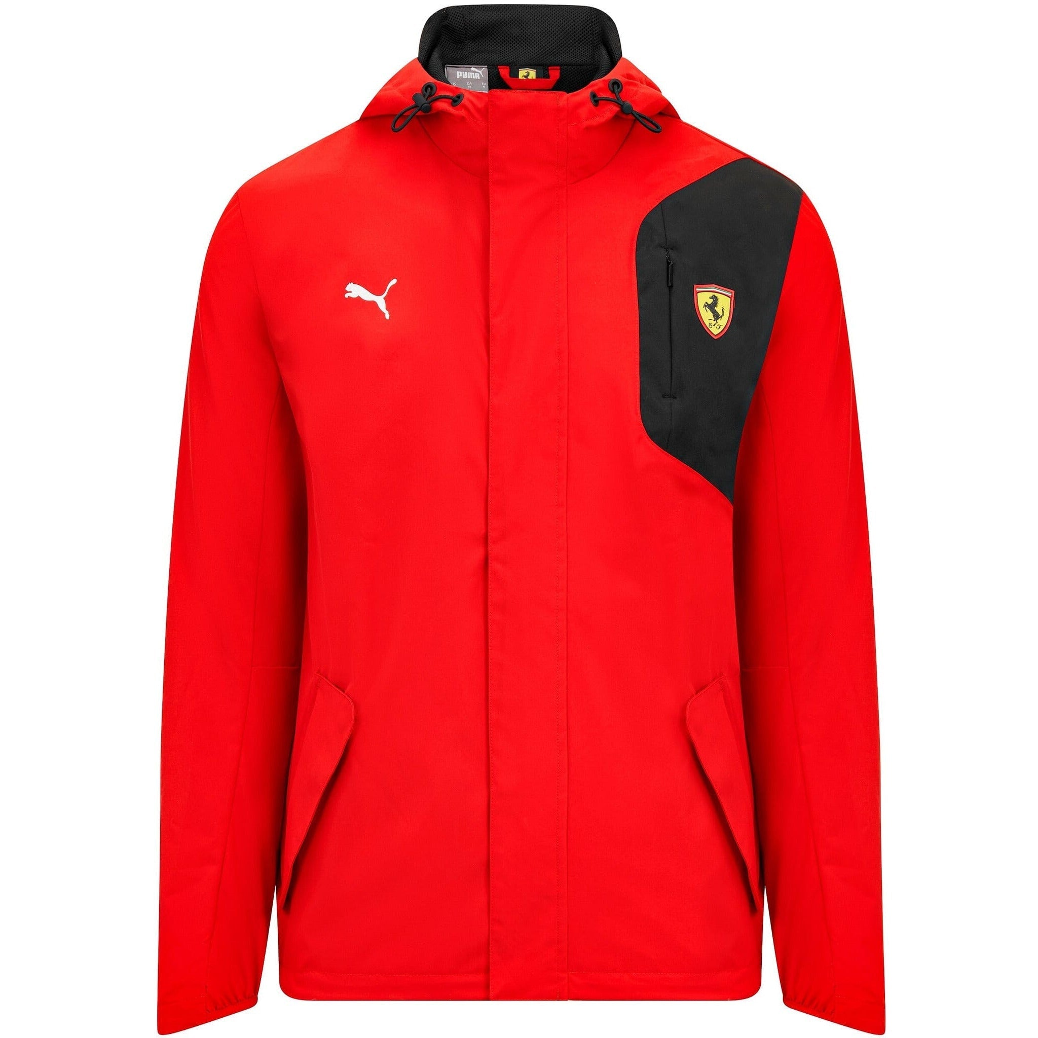 Men's rain jacket in red with hood and front zipper; Ferrari shield, PUMA logo.