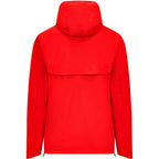 Men's rain jacket in red with attached hood; long sleeves, full back view.