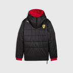 Black reversible team puffer jacket with hood, Ferrari shield, red cuffs