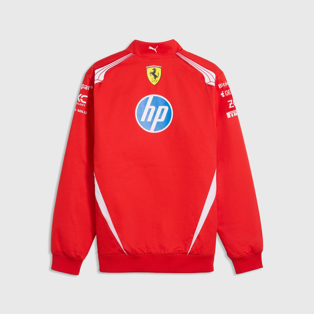 Red back view racing jacket with Puma logo, Ferrari shield, contrast side stripes.