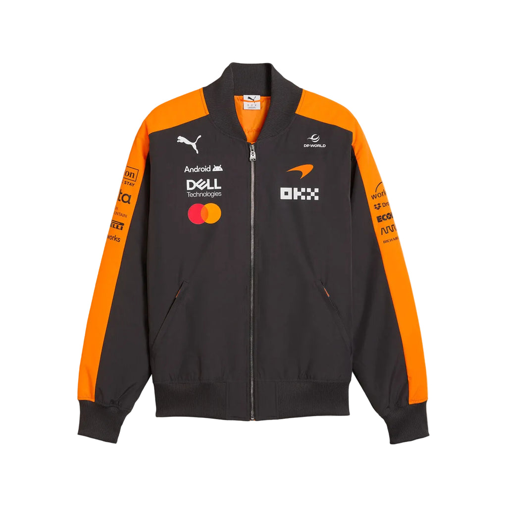 Black and orange jacket with various logos on a light gray background - Endless Racegear