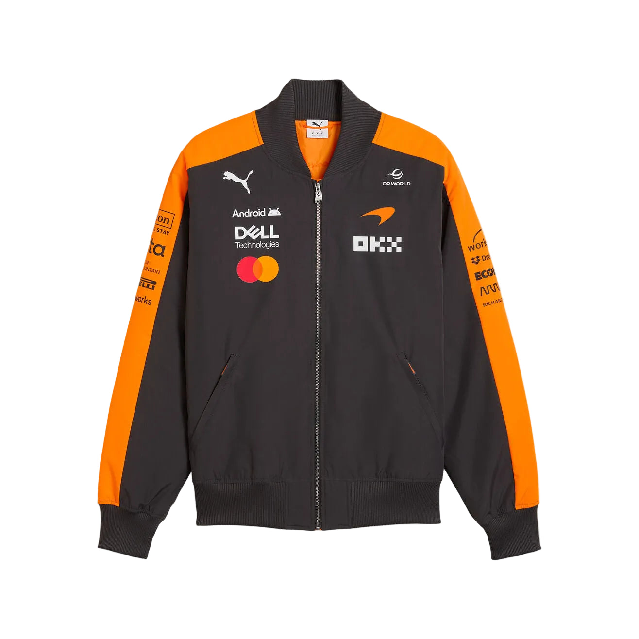Black and orange jacket with various logos on a light gray background - Endless Racegear