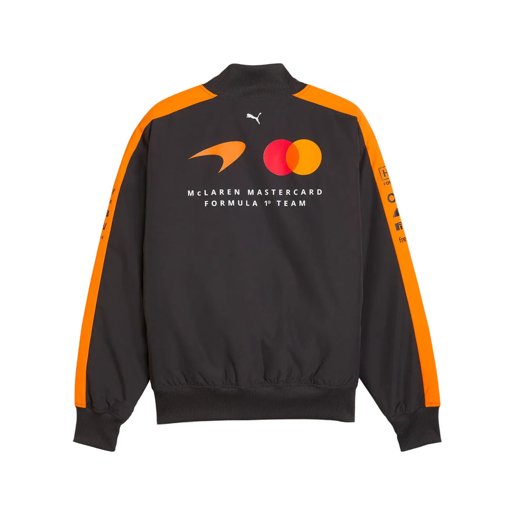 Black jacket with orange accents featuring McLaren Mastercard and Formula 1 Team logos on a light gray background. - Endless Racegear