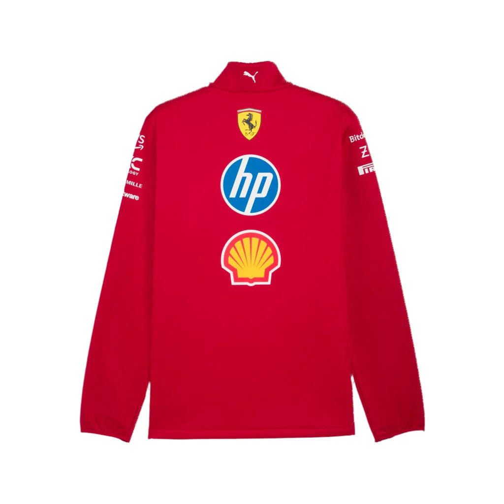 Red softshell jacket back view with HP and Shell logos and high collar