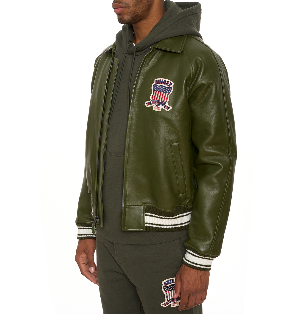 Buy Best Style Olive Leather Fashion Bomber Avirex Leather Jackets For Mens rfxleatherofficial