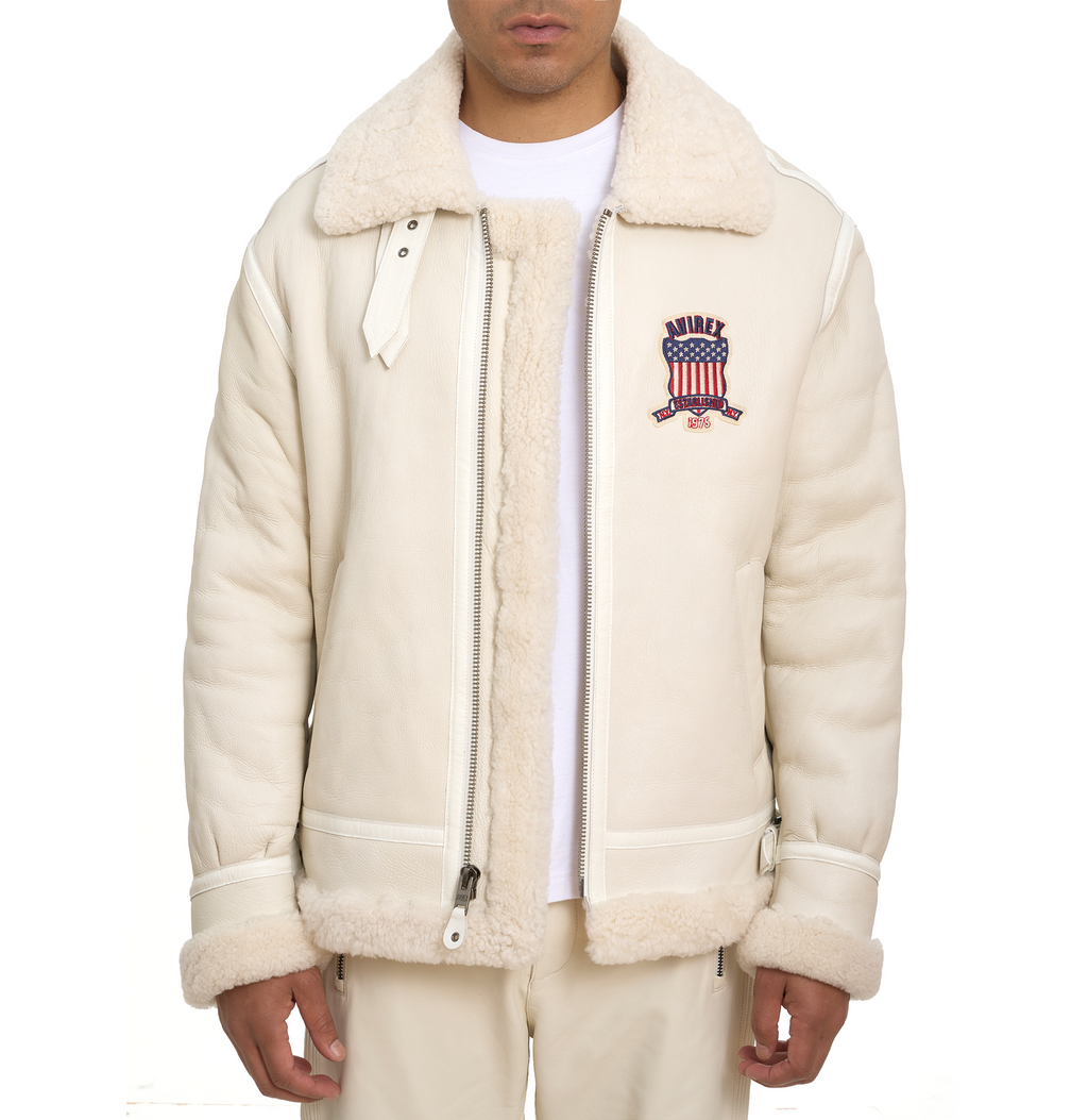 Buy Best Winter Avirex B3 Bomber Shearling Snow White Leather Jackets For Sale Mens rfxleatherofficial