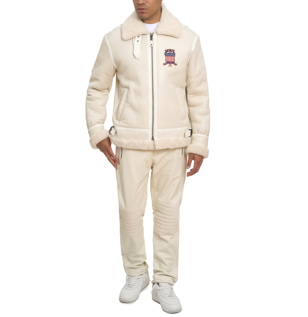 Buy Best Winter Avirex B3 Bomber Shearling Snow White Leather Jackets For Sale Mens rfxleatherofficial
