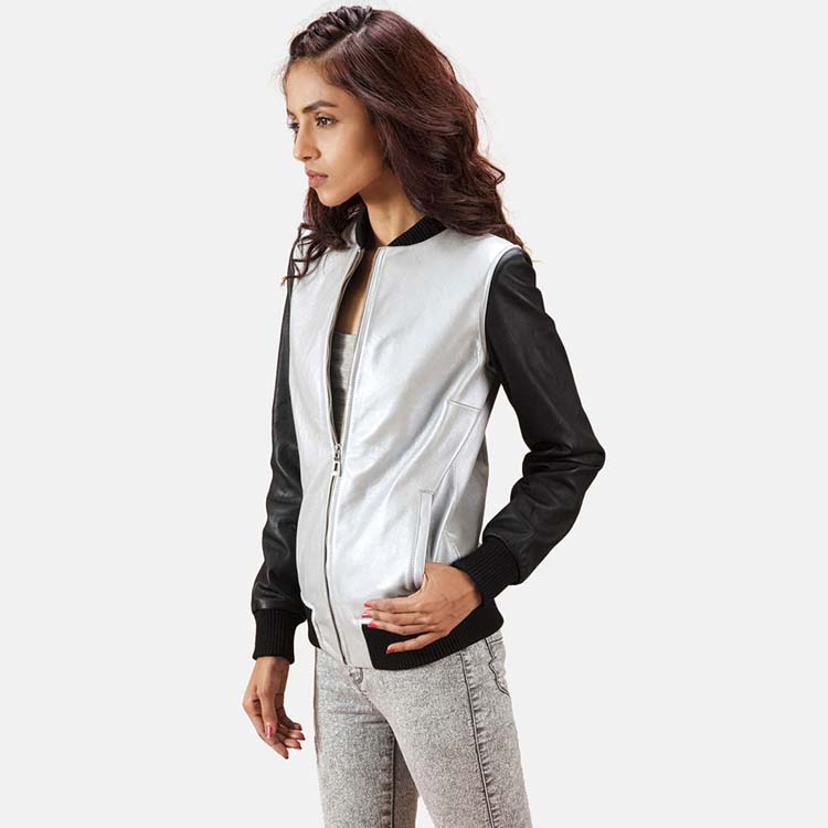 Women’s Black & White Leather Bomber Jacket 3A MOTO LEATHER