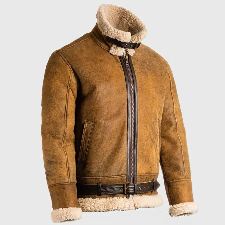 Men’s Shearling Leather Aviator Jacket – Distressed Bomber with Real Sheepskin Ex Race Gear