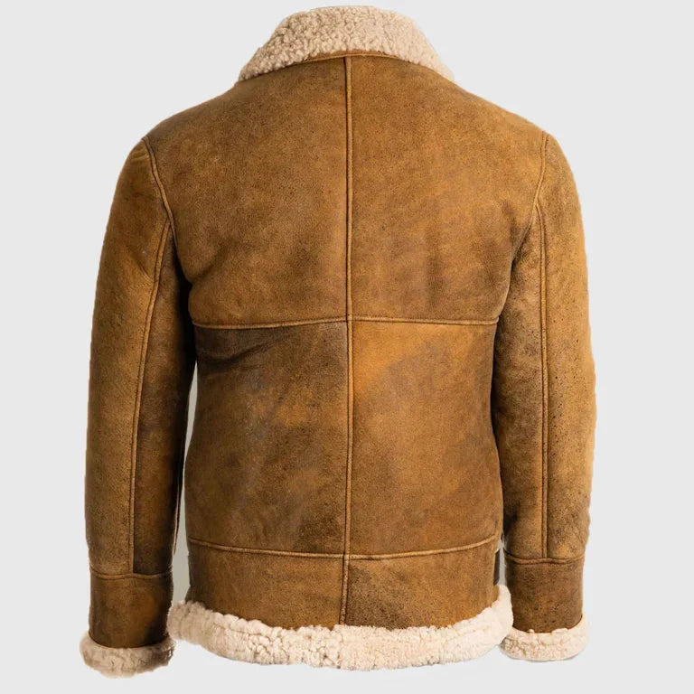 Men’s Shearling Leather Aviator Jacket – Distressed Bomber with Real Sheepskin Ex Race Gear