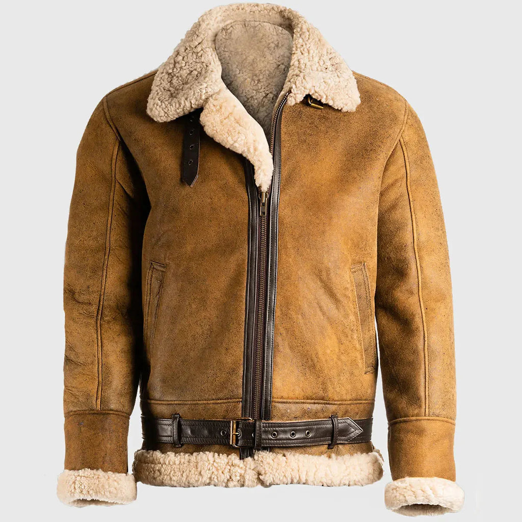 Men’s Shearling Leather Aviator Jacket – Distressed Bomber with Real Sheepskin Ex Race Gear
