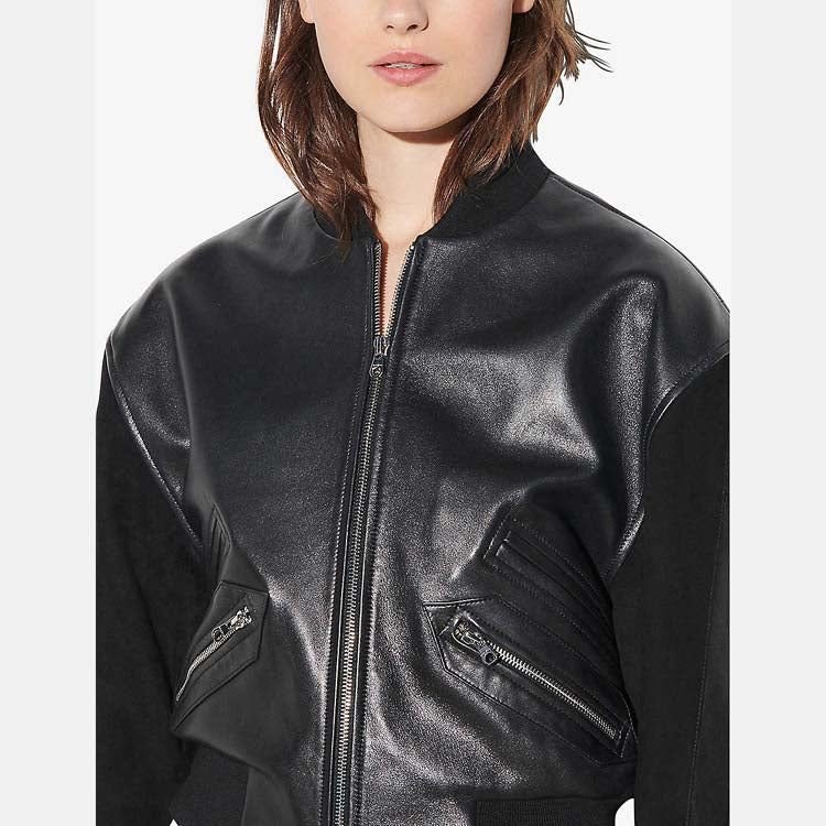 Women’s Black Leather Bomber Jacket 3A MOTO LEATHER