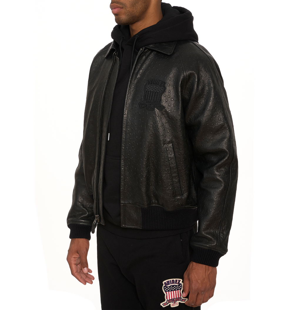 Buy Best Style Black Ostrich Fashion Bomber Avirex Leather Jackets For Mens rfxleatherofficial