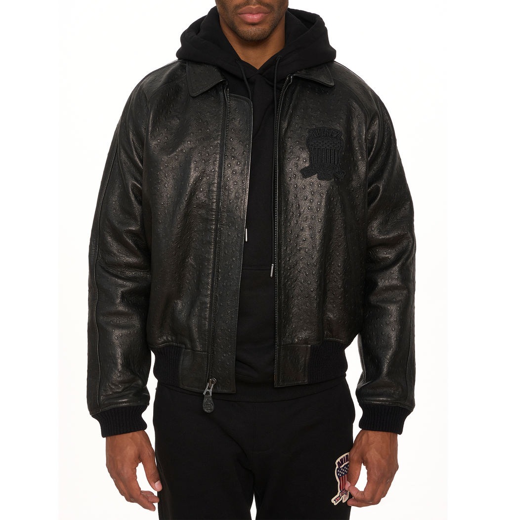 Buy Best Style Black Ostrich Fashion Bomber Avirex Leather Jackets For Mens rfxleatherofficial