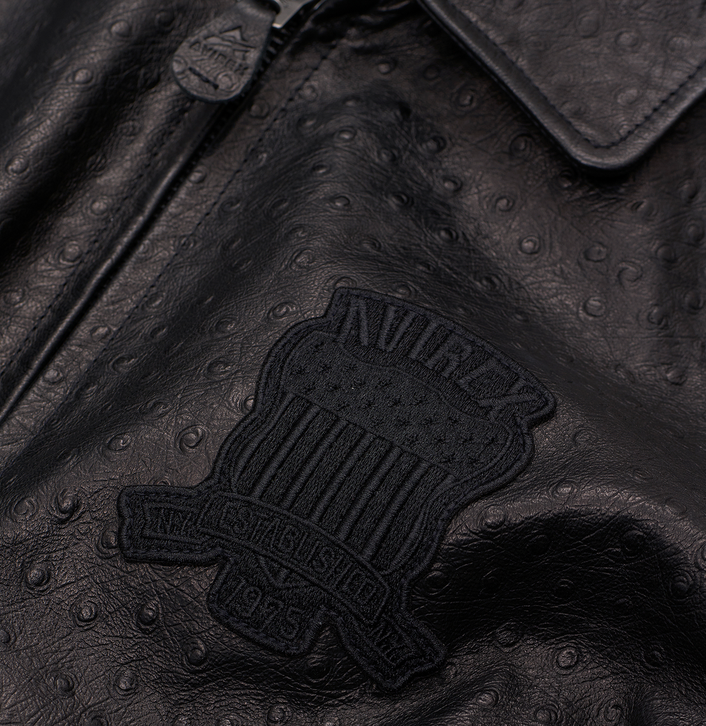 Buy Best Style Black Ostrich Fashion Bomber Avirex Leather Jackets For Mens rfxleatherofficial