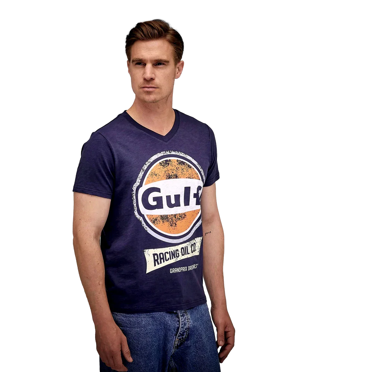 GrandPrix Originals Men's Gulf Vintage Racing Oil V-Neck T-Shirt - Navy GrandPrix Originals USA