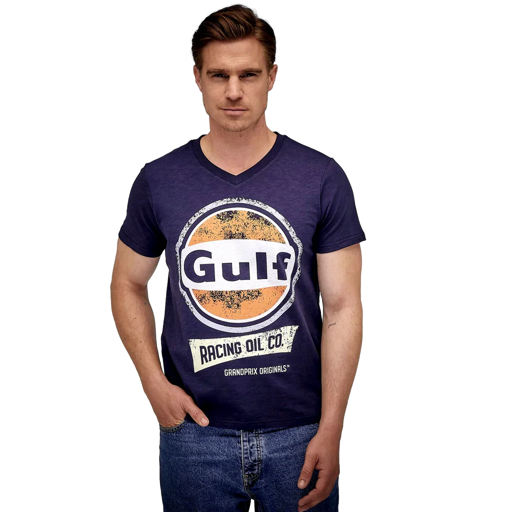 GrandPrix Originals Men's Gulf Vintage Racing Oil V-Neck T-Shirt - Navy GrandPrix Originals USA