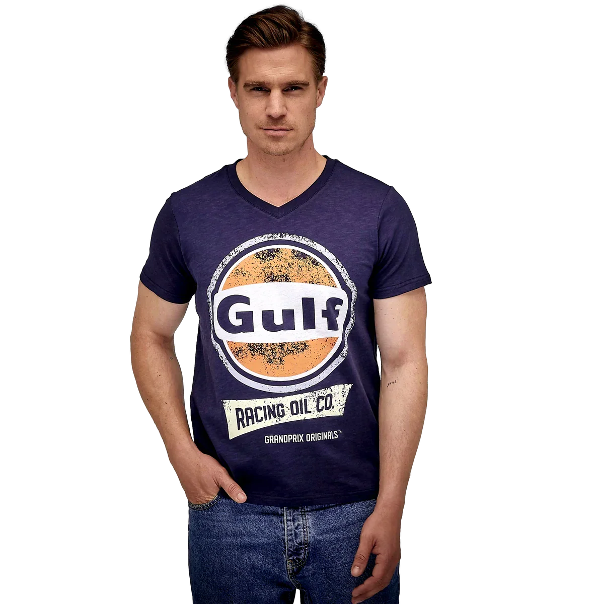 GrandPrix Originals Men's Gulf Vintage Racing Oil V-Neck T-Shirt - Navy GrandPrix Originals USA