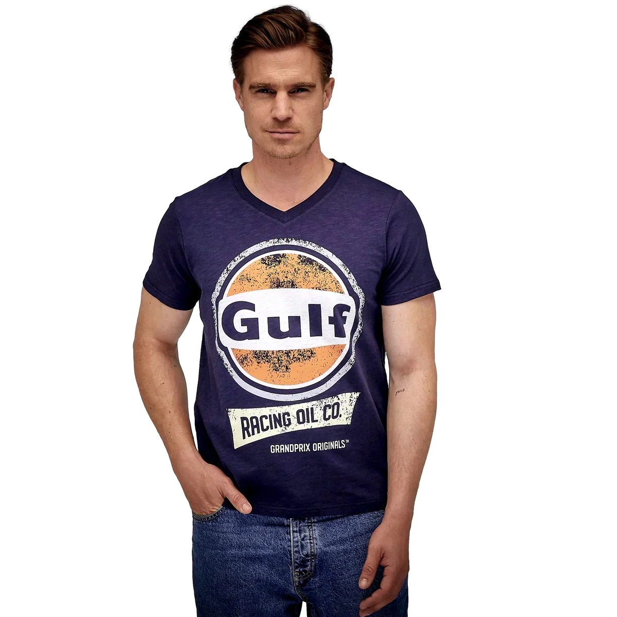 GrandPrix Originals Men's Gulf Vintage Racing Oil V-Neck T-Shirt - Navy GrandPrix Originals USA