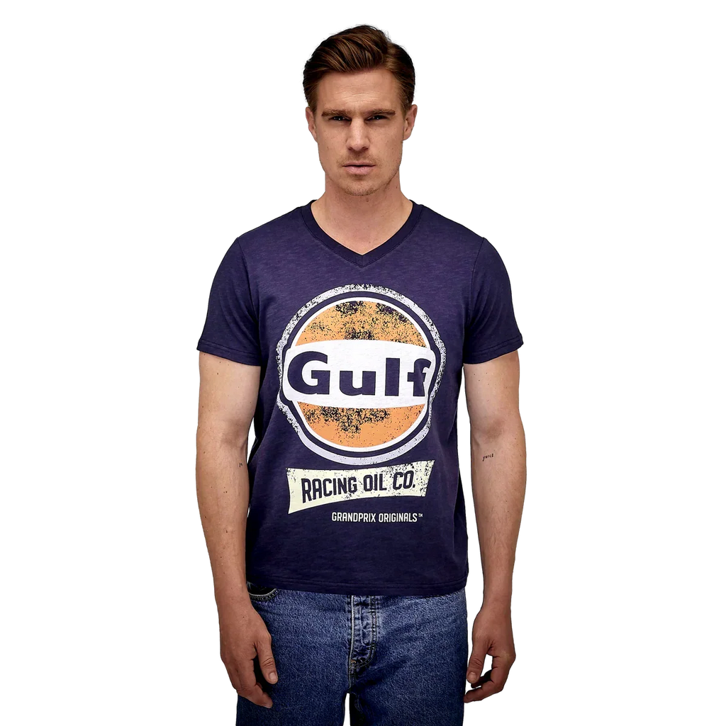 GrandPrix Originals Men's Gulf Vintage Racing Oil V-Neck T-Shirt - Navy GrandPrix Originals USA