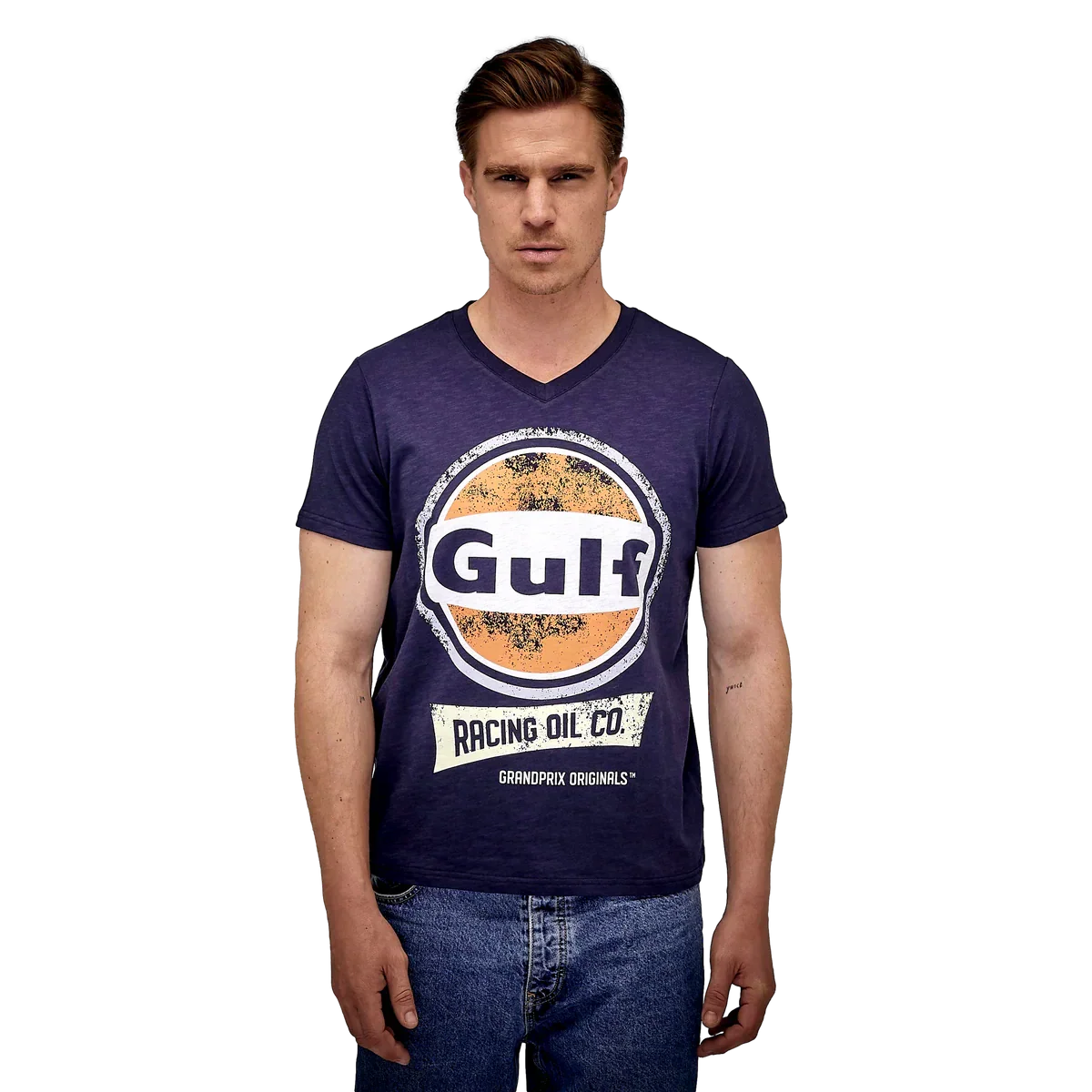 GrandPrix Originals Men's Gulf Vintage Racing Oil V-Neck T-Shirt - Navy GrandPrix Originals USA