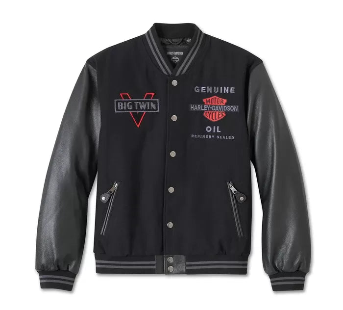 Black varsity jacket with Harley-Davidson logos on a white backgroundHarley-Davidson Men's V-Twin Varsity Replica Leather Jacket - Endless Racegear